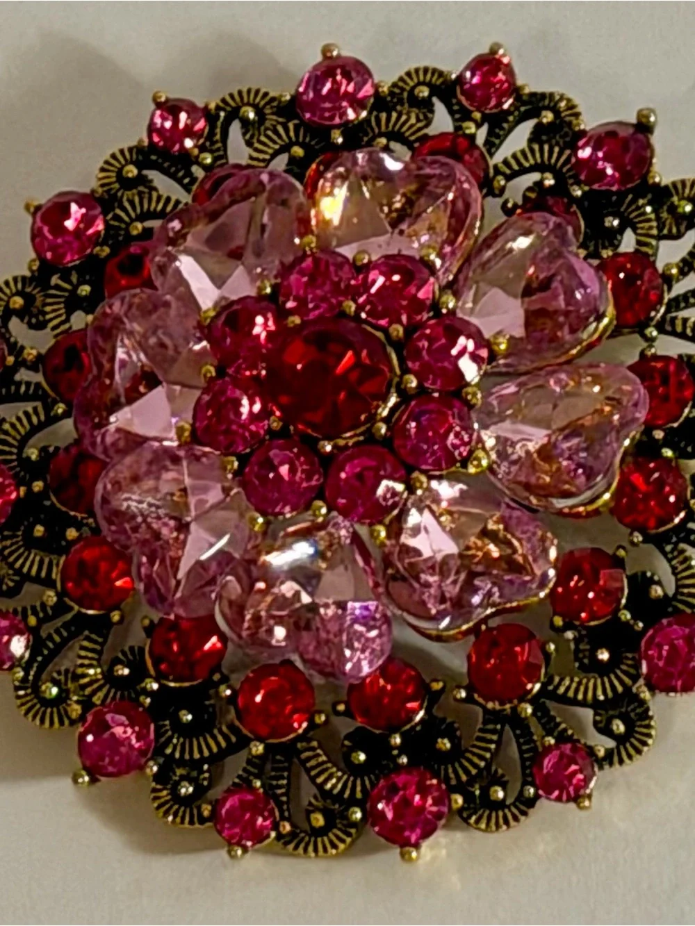 Vintage Style Pink Red Rhinestone Flower Brooch Gold Tone Filigree Statement Pin